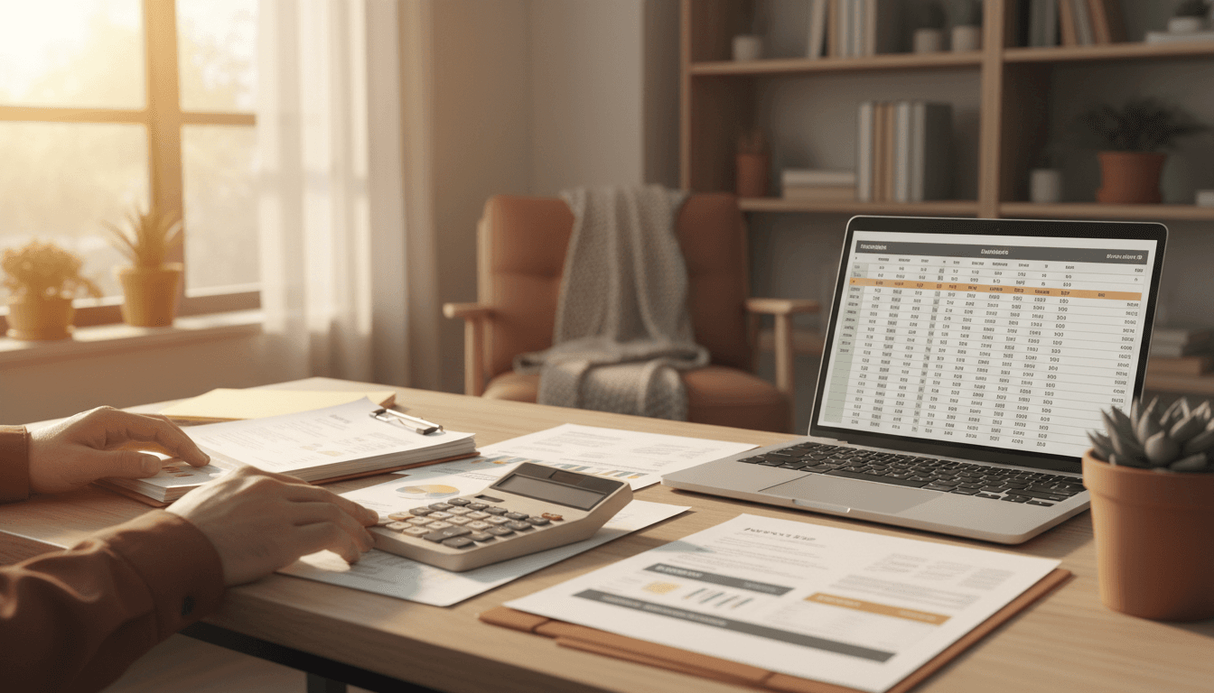 Small business owner reviewing organized financial records at a tidy desk